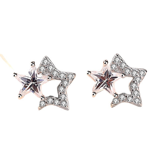 Double Zircon Five-pointed Star Silver Studs Earrings for Women