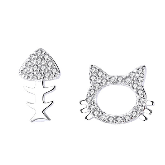 Zircon Cat and Fishbone Asymmetric Silver Studs Earrings for Women