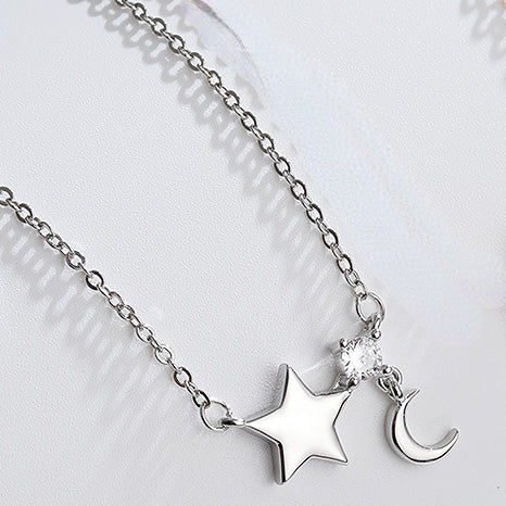 Smooth Star Moon with Zircon Silver Necklace for Women