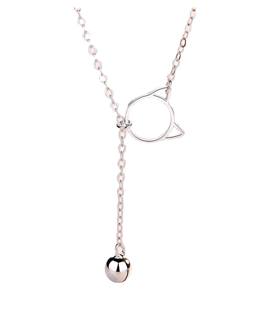 Kitty with Bell Silver Necklace  for Women