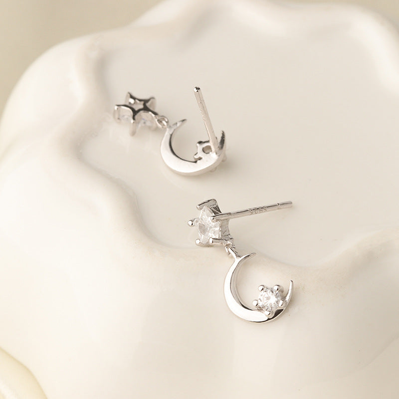 Moon Star Asymmetric Silver Drop Earrings for Women