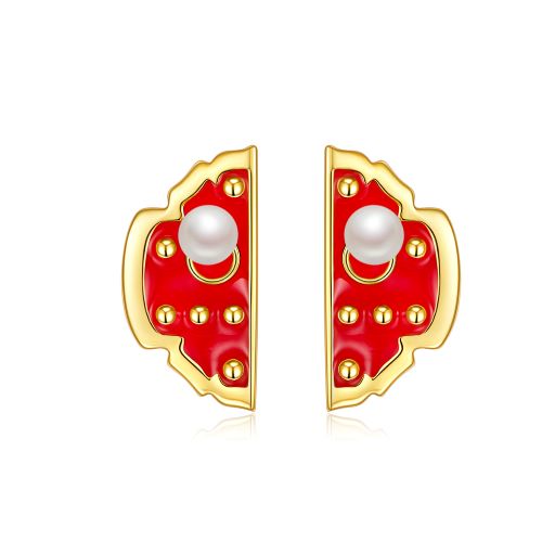 Forbidden City Gate Enamel with Pearl Studs Earrings for Women