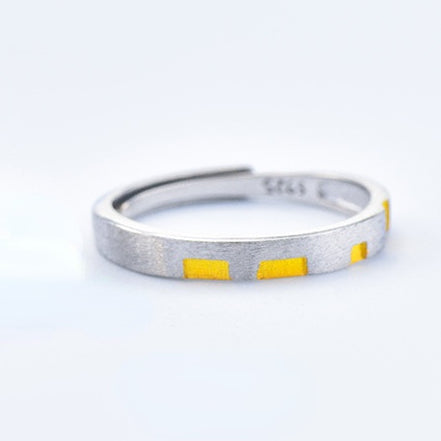 Yellow Tetris Brushed Silver Couple Ring