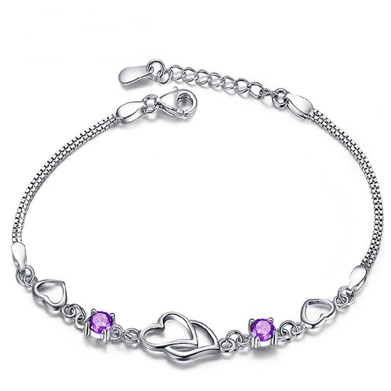 Hollow Double Heart with Zircon Silver Bracelet for Women