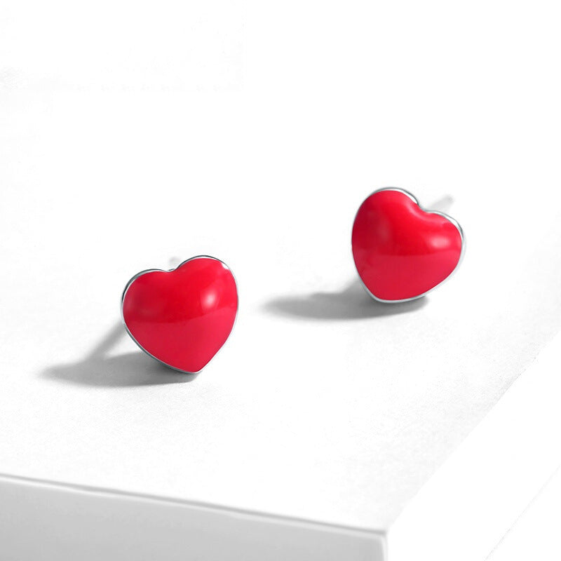 Red Heart Silver Studs Earrings for Women