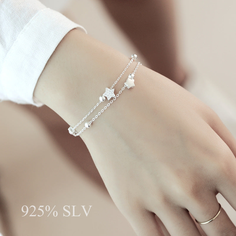 Double-chain Beading Star and Round Beads Silver Bracelet for Women