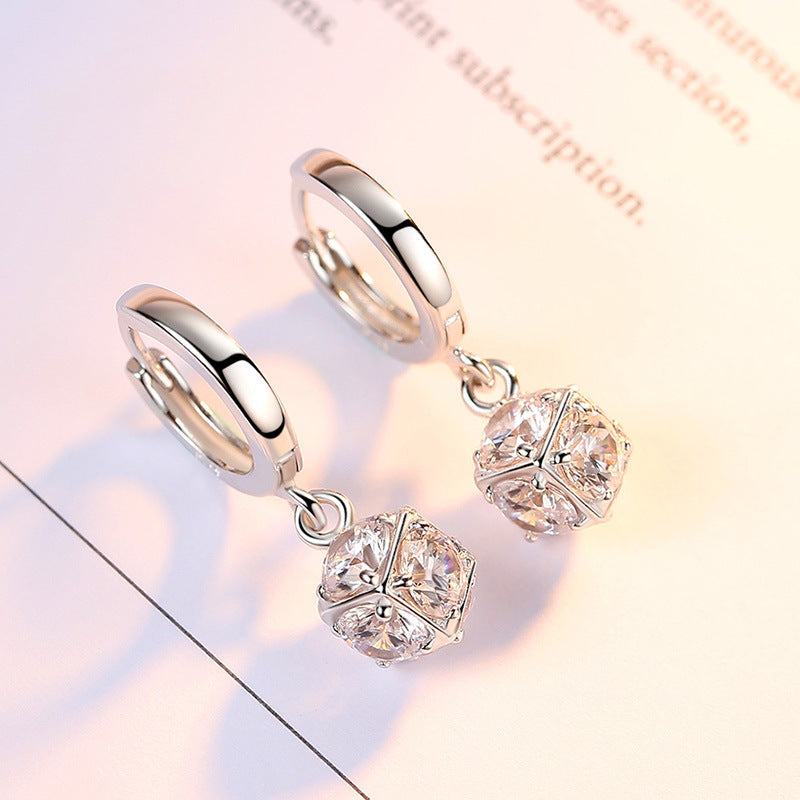 Cube with Zircon Pendant Silver Hoop Earrings for Women