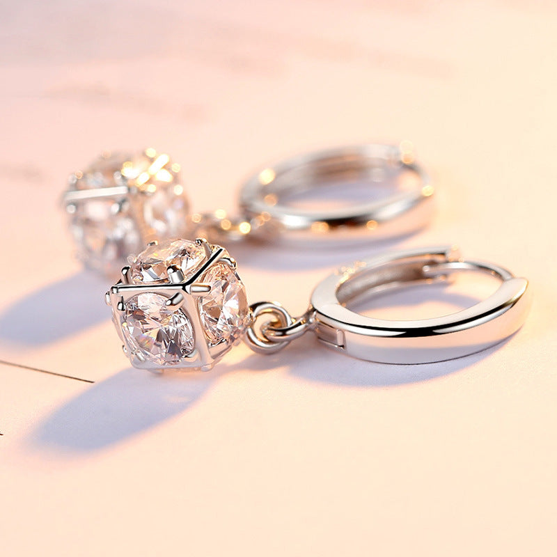 Cube with Zircon Pendant Silver Hoop Earrings for Women