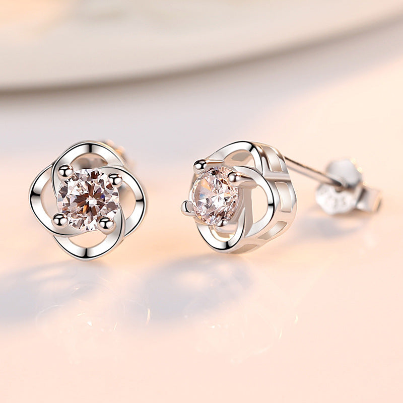 Round Zircon Lucky Clover Silver Studs Earrings for Women