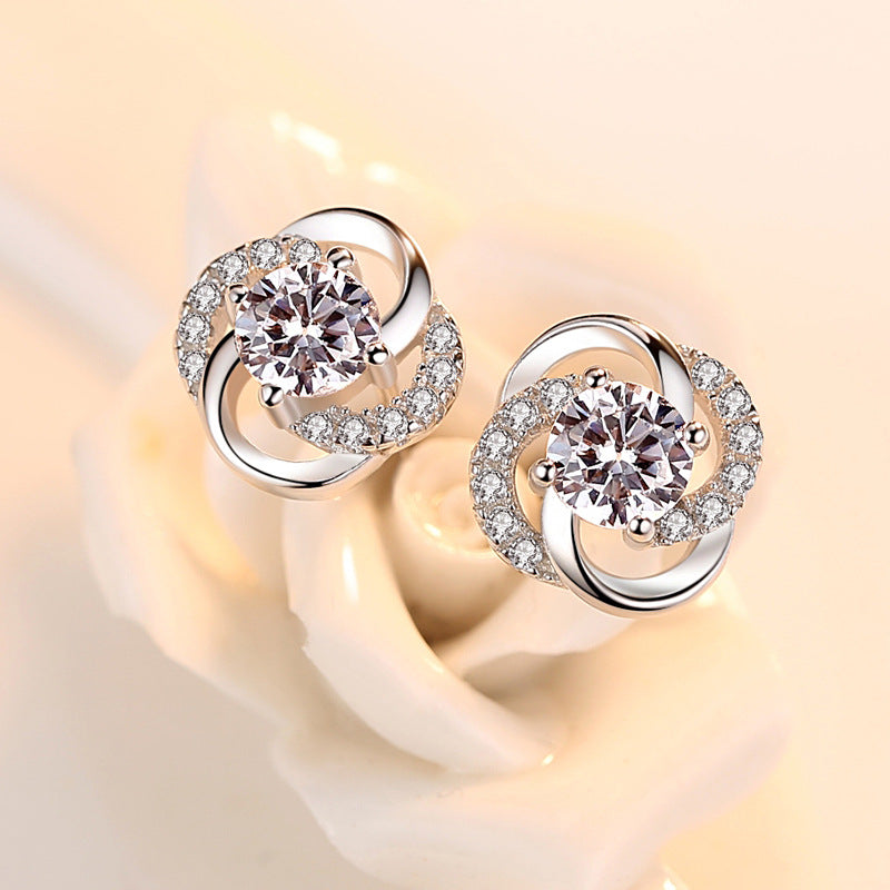 Round Zircon Clover Silver Studs Earrings for Women