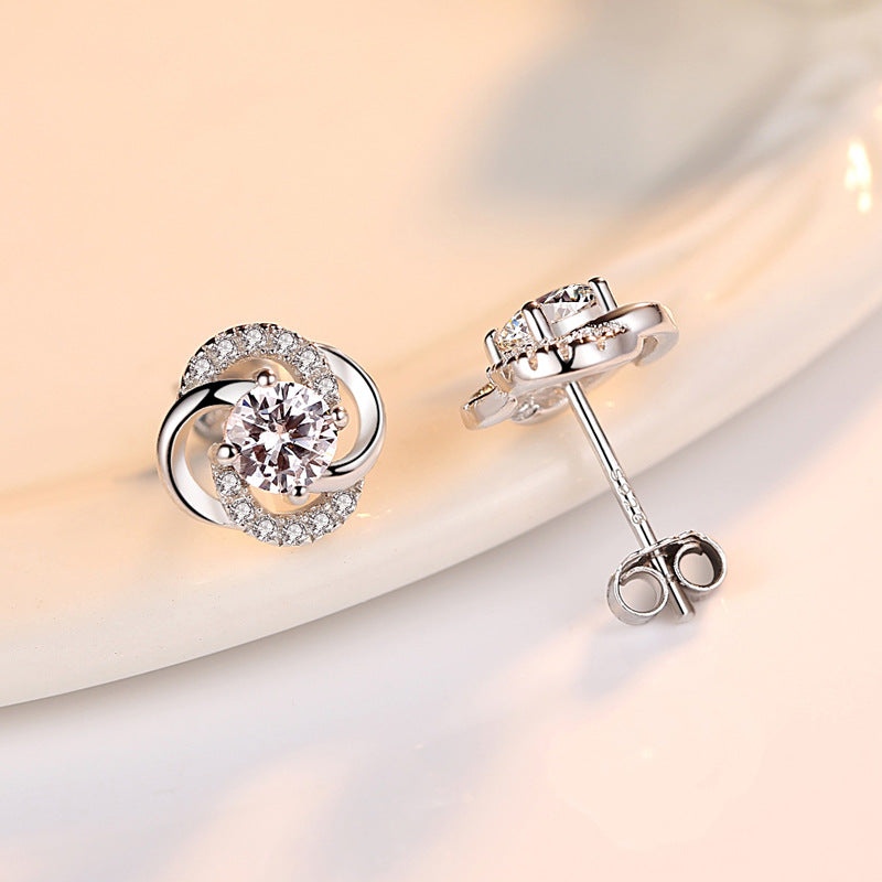 Round Zircon Clover Silver Studs Earrings for Women