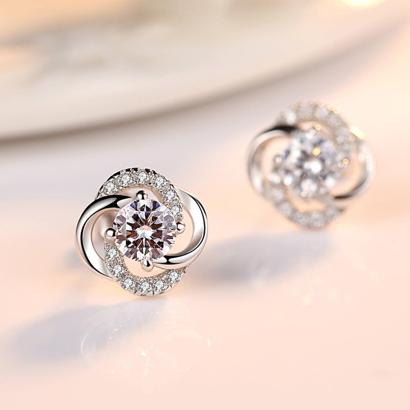 Round Zircon Clover Silver Studs Earrings for Women