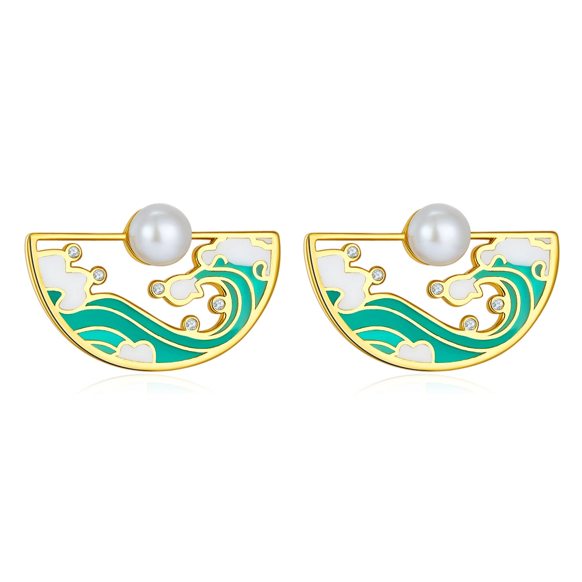 (Two Colours) Tidal Water Enamel with Pearl Golden Studs Earrings for Women