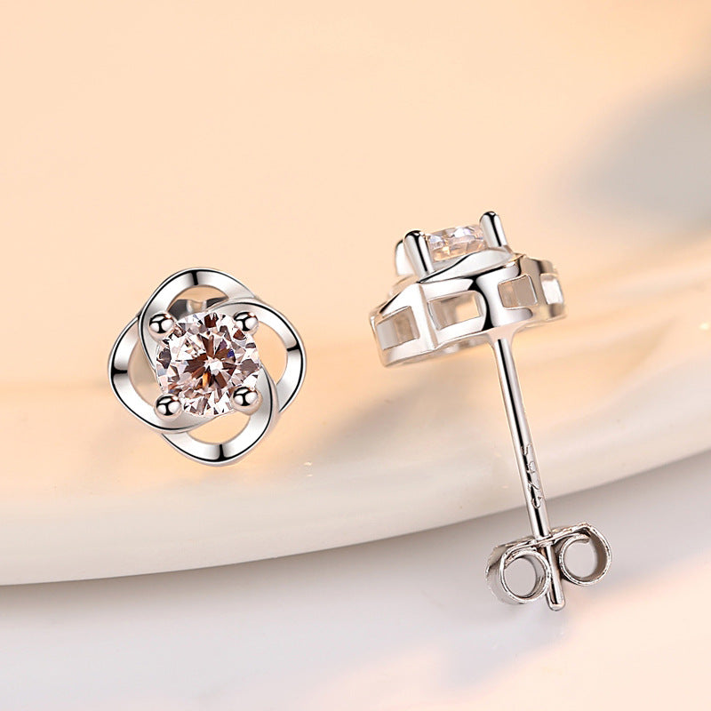 Round Zircon Lucky Clover Silver Studs Earrings for Women