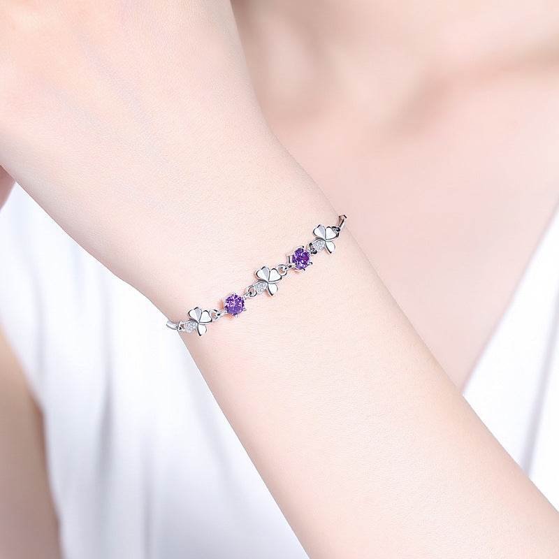 Lucky Zircon Clover Silver Bracelet for Women