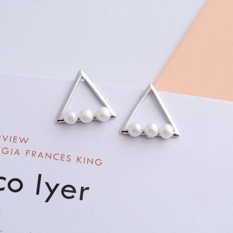 Hollow Triangle with Freshwater Pearl Silver Stud Earrings for Women