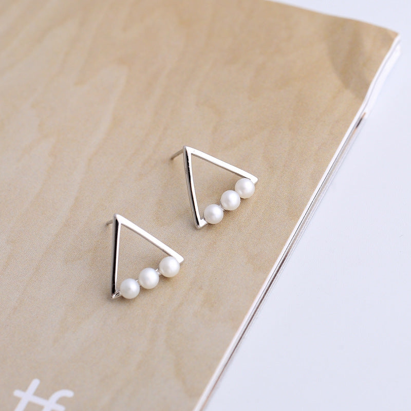 Hollow Triangle with Freshwater Pearl Silver Stud Earrings for Women