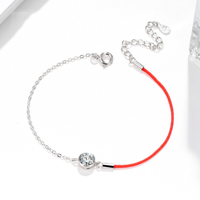 Round Zircon Half Red Rope Silver Bracelet for Women