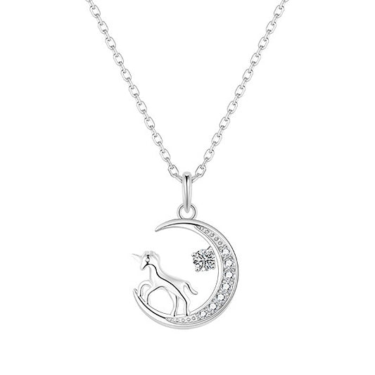 Unicorn with Zircon Moon Silver Necklace for Women