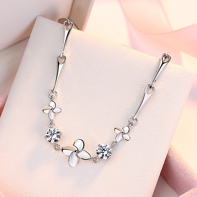 Round Zircon Lucky Clover Silver Bracelet for Women