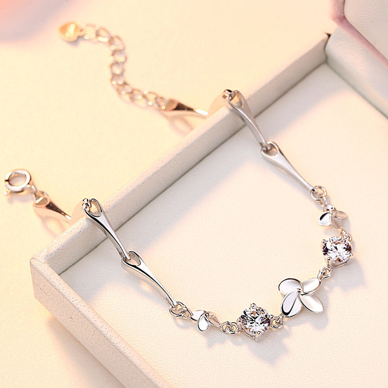 Round Zircon Lucky Clover Silver Bracelet for Women