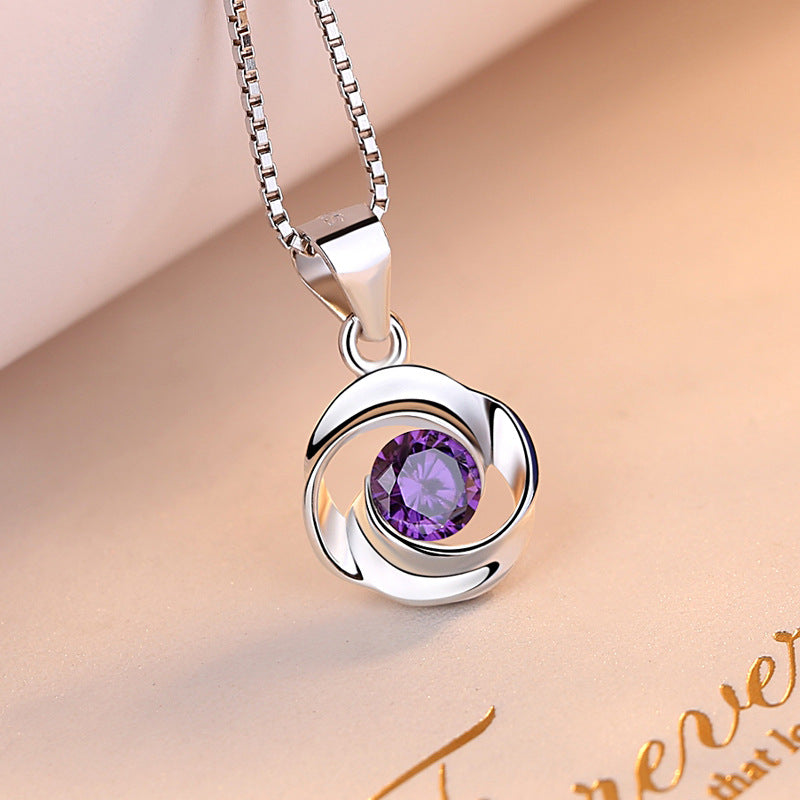 (Pendant only) Rose Design with Round Zircon Silver Pendant for Women
