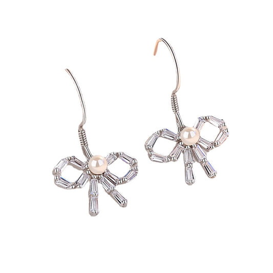 Zircon Bow with Pearl Silver Drop Earrings for Women