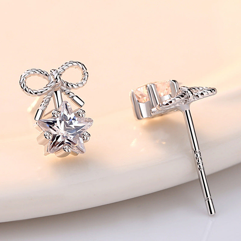 Bow with Zircon Star Silver Studs Earrings for Women