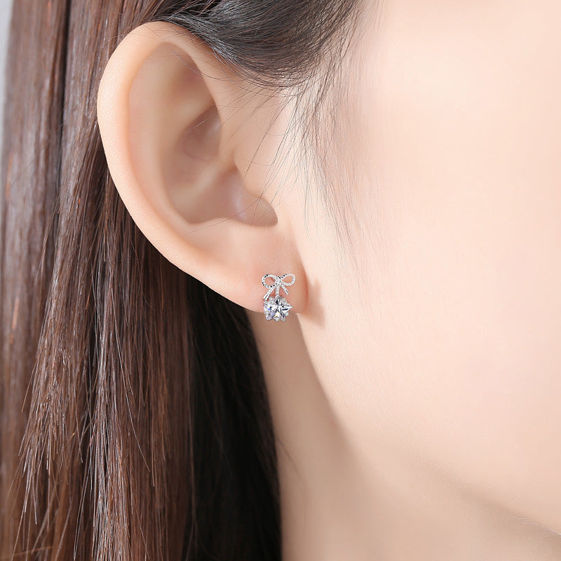 Bow with Zircon Star Silver Studs Earrings for Women