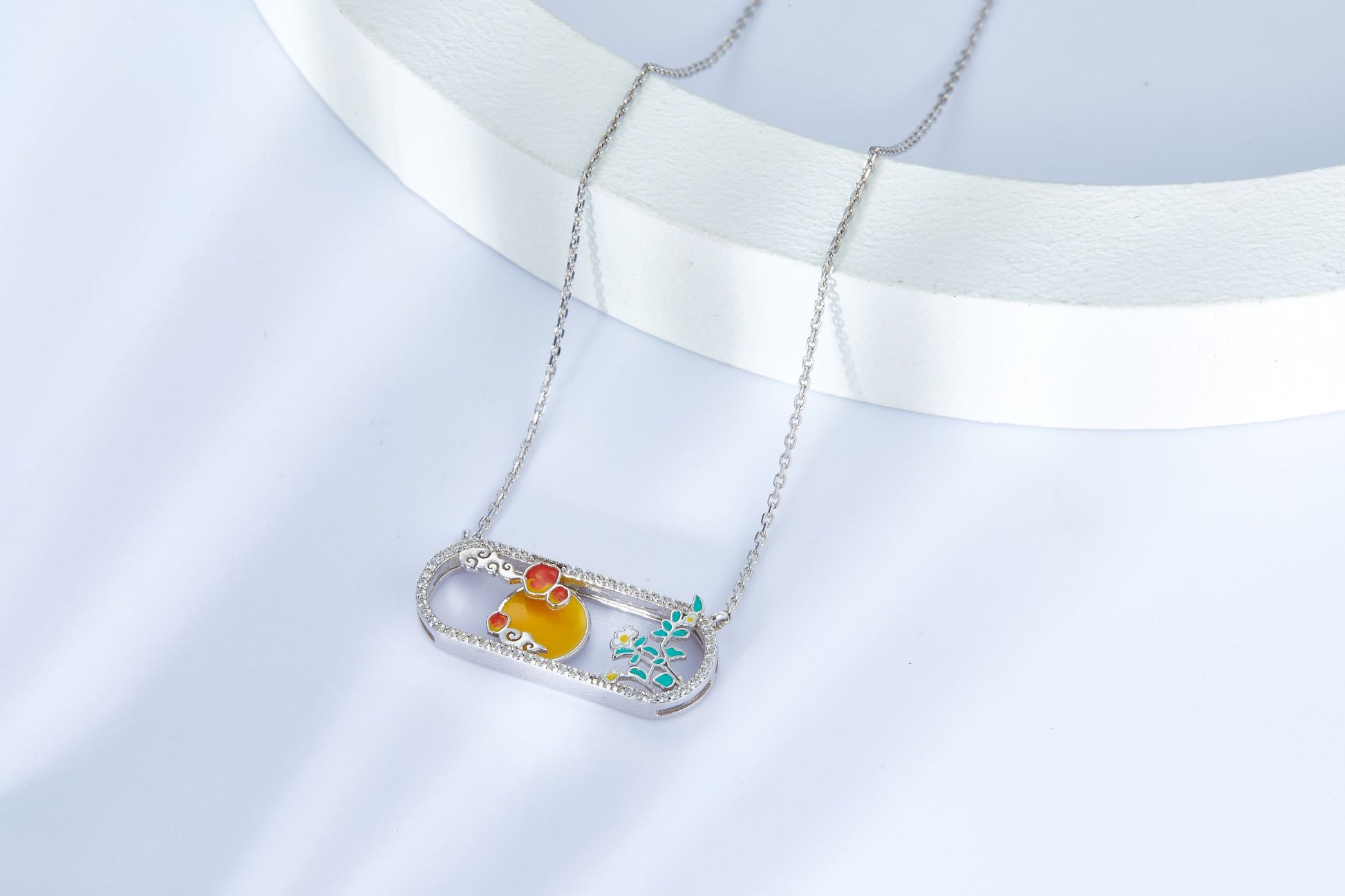 Moon and Flower Enamel Silver Necklace for Women