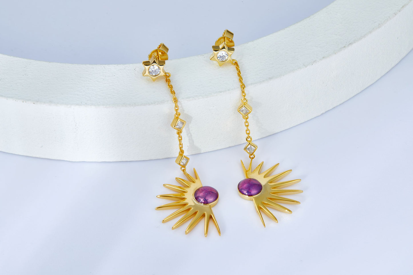 Purple & Golden Sun Flower Enamel Dorp Earrings for Women