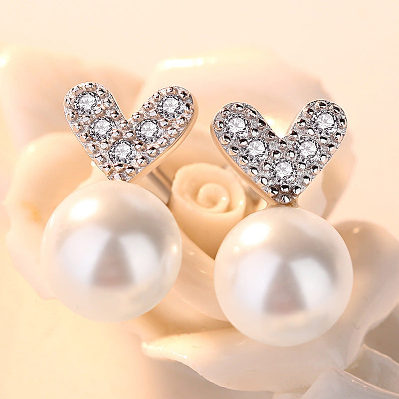 V Zircon Heart with Pearl Silver Studs Earrings for Women