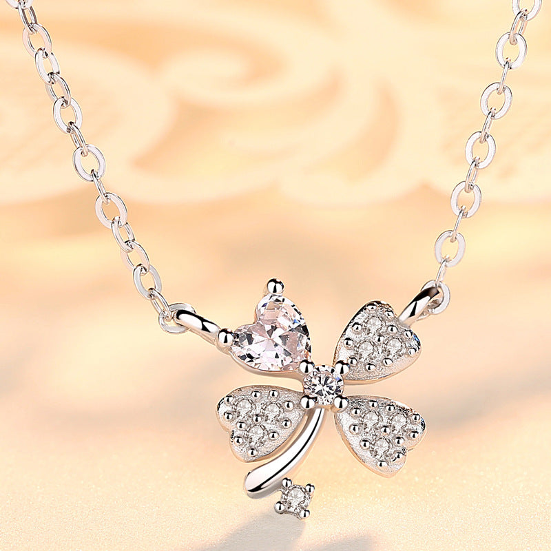 Zircon Lucky Clover Pendant Silver Necklace for Women