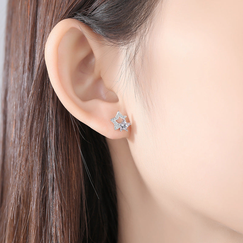 Double Zircon Five-pointed Star Silver Studs Earrings for Women