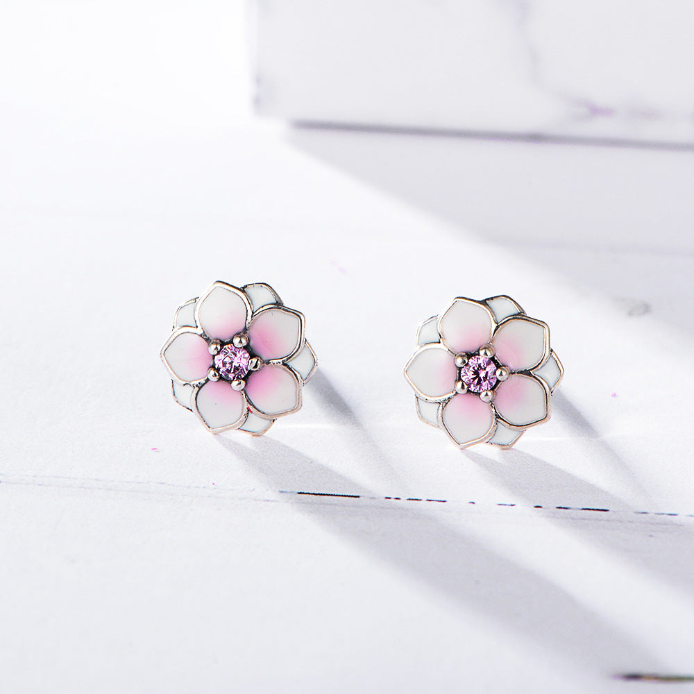 Pink Enamel Magnolia Flower Sterling Silver Studs Earrings for Women