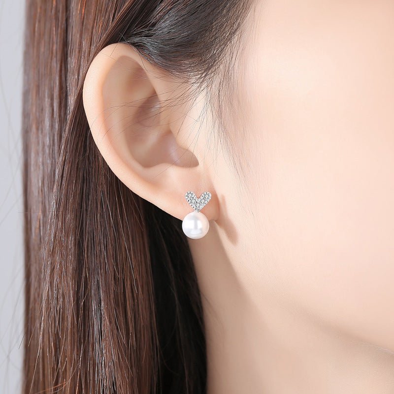 V Zircon Heart with Pearl Silver Studs Earrings for Women