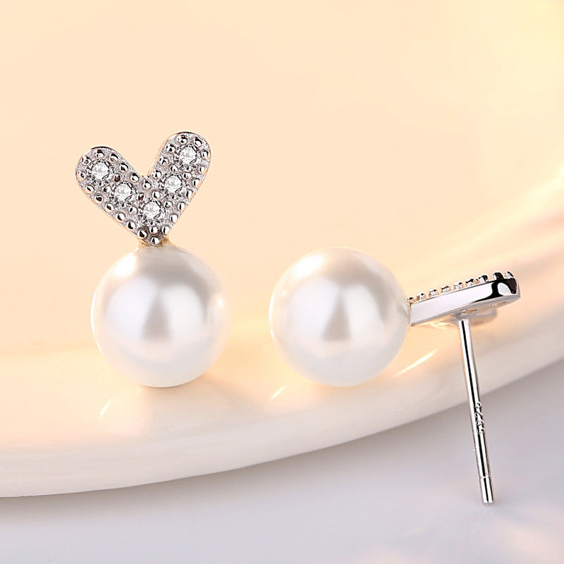 V Zircon Heart with Pearl Silver Studs Earrings for Women