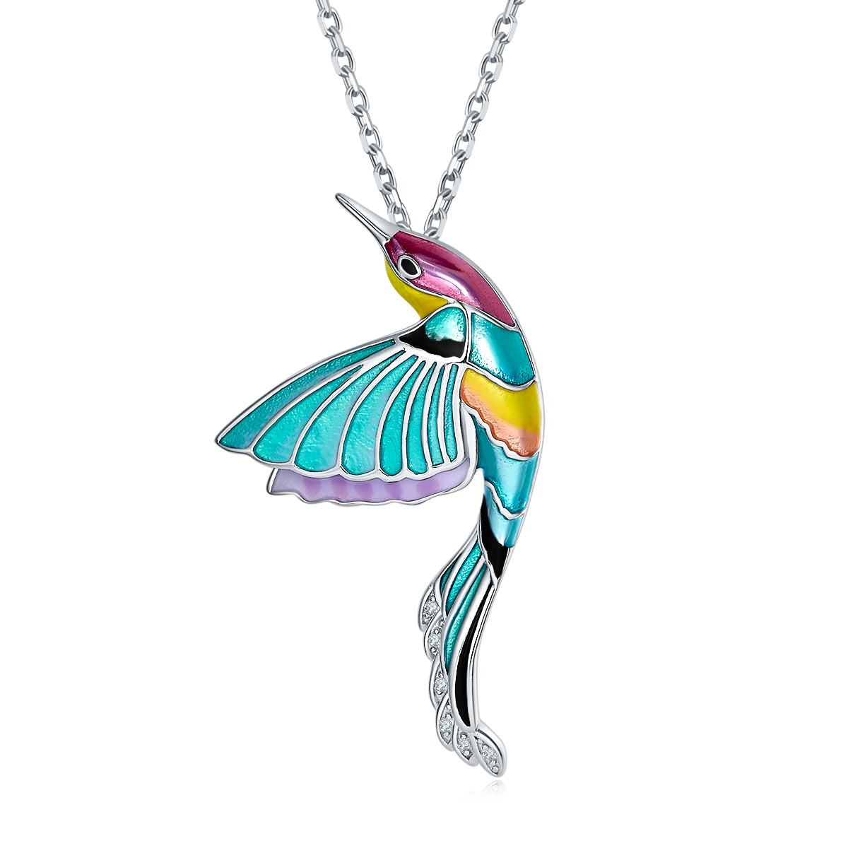 Green Hummingbirds Enamel Silver Necklace for Women