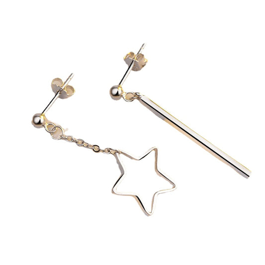 Star and Strip Asymmetrical Silver Drop Earrings for Women