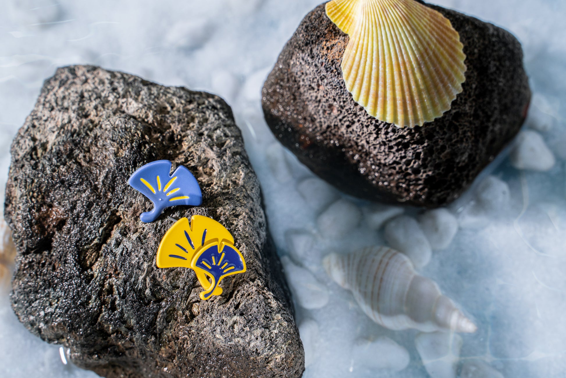 Japanese Fan Shaped Studs - Blue and yellow Studs for Women