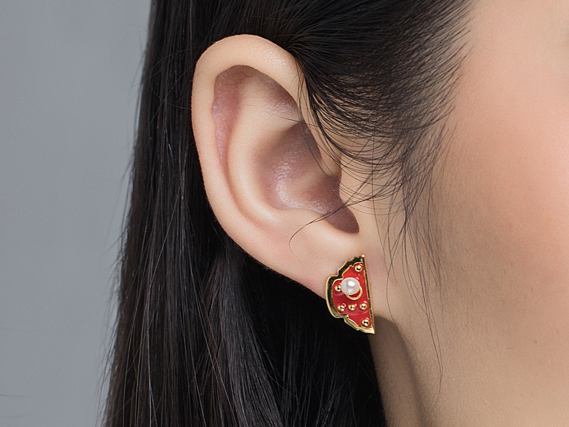 Forbidden City Gate Enamel with Pearl Studs Earrings for Women