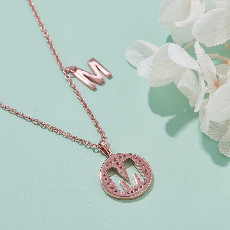 (Rose Gold Colour) Letter M Moissanite Necklace for Women