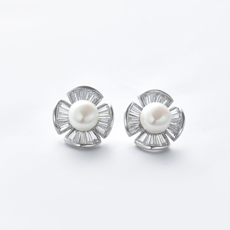 Freshwater Pearl with Zircon Petal Silver Stud Earrings for Women