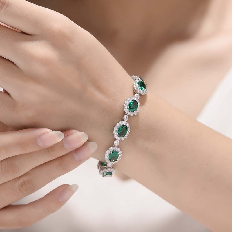 Lab-Created Emerald 6*8mm Oval Ice Cut Soleste Halo Beading Bracelet for Women