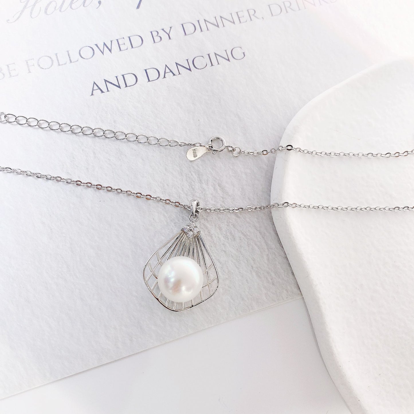 Natural Freshwater Pearl Hollow Fan-shape Pendant Silver Necklace for Women