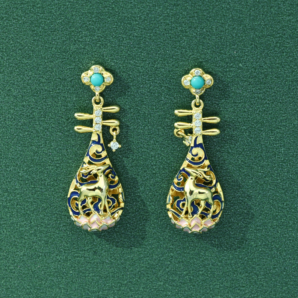 Deer Pipa with Turquoise and Zircon Silver Drop Earrings for Women