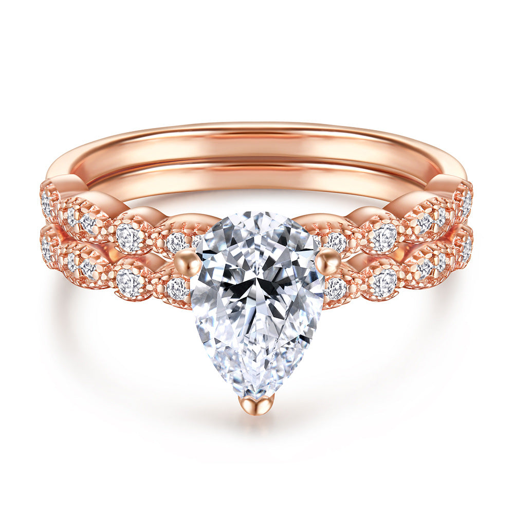 Pear Drop Zircon Solitaire with Beading Silver Ring Set