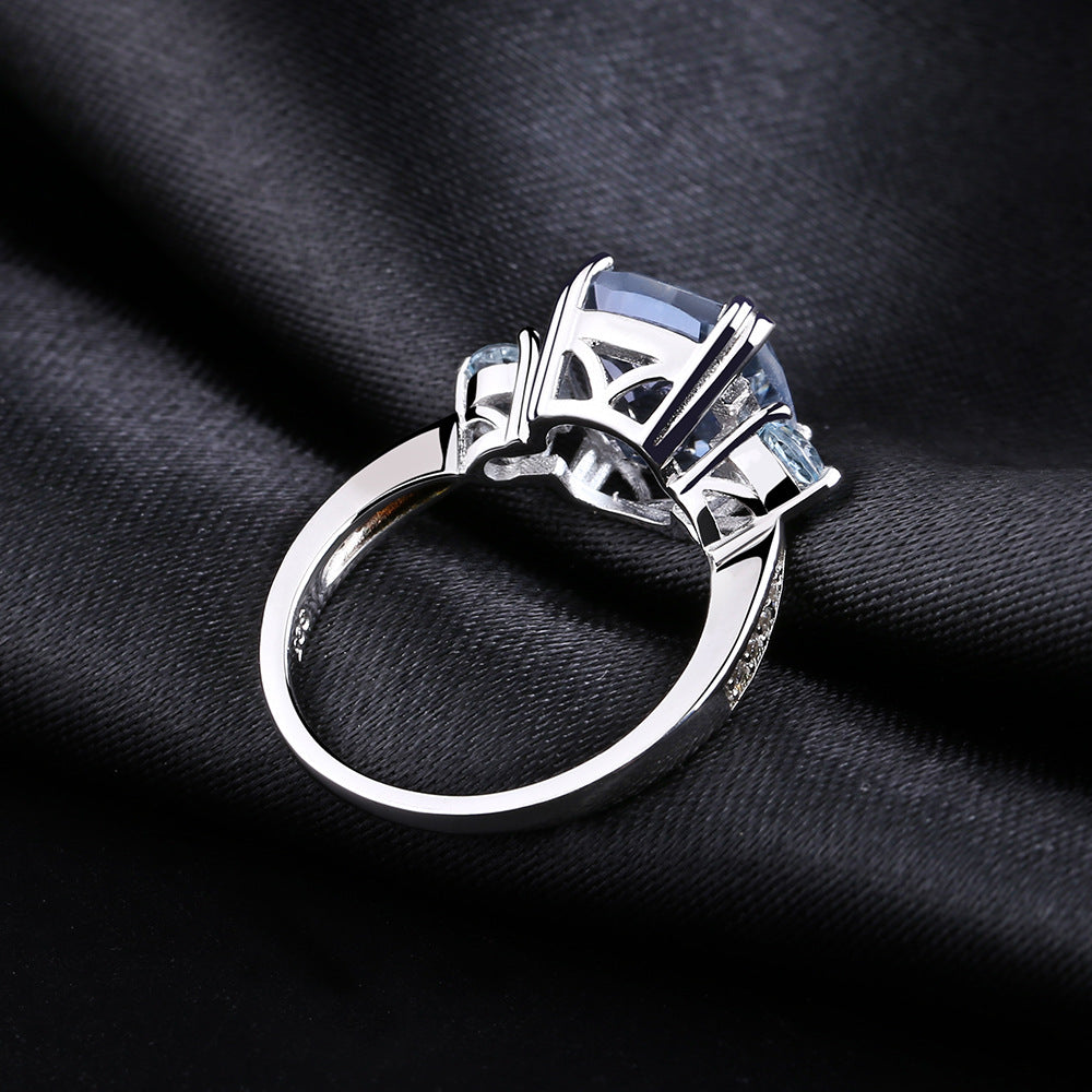 Fashion Luxury Temperament Inlaid Crystal Square Sterling Silver Ring for Women