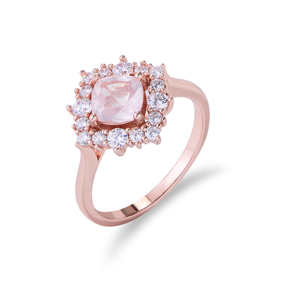 Natural Pink Crystal Pillow Soleste Halo Sterling Silver Ring for Women