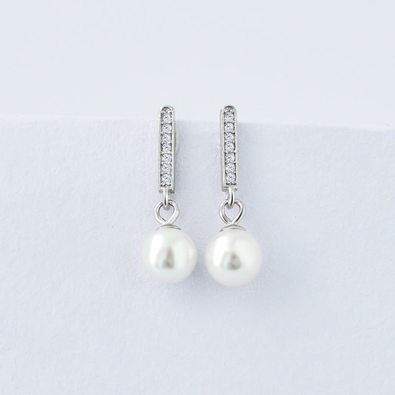 Freshwater Pearl with Zircon Short Strip Silver Drop Earrings for Women